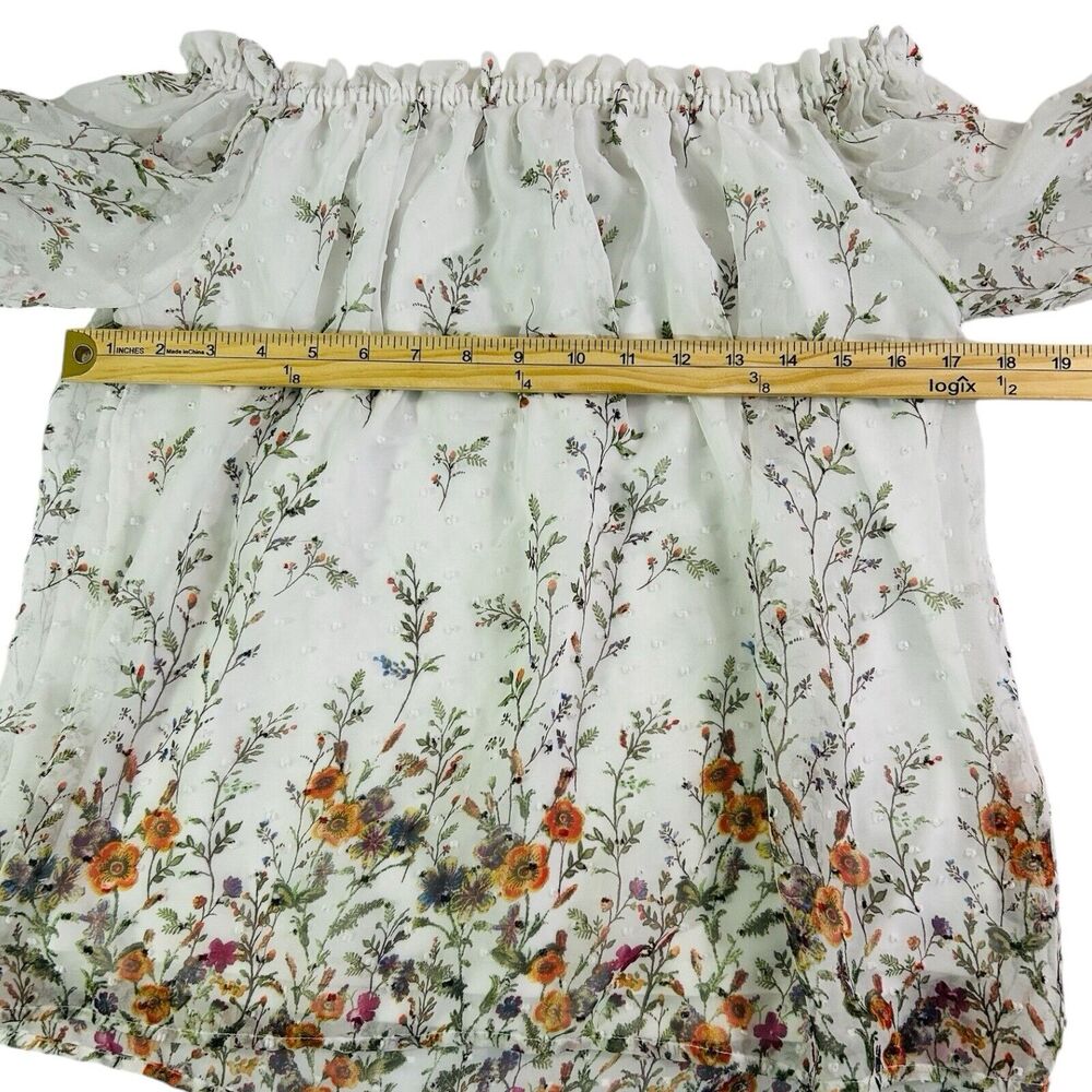 Orchid Haze Floral Off Shoulder Top Sheer Swiss Dot Puff Sleeve White Size S - Picture 3 of 6